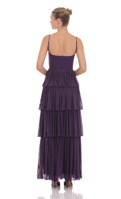 Romantic Tiered A-Line Sweetheart Spaghetti-Strap Open-Back Plum Chiffon Floor-Length Prom Dresses