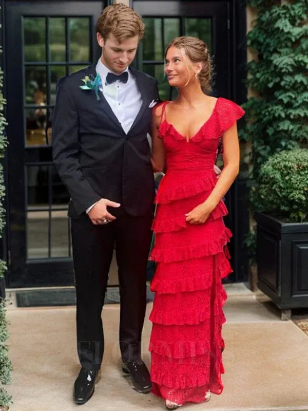 Romantic V-Neck Lace Ruffle Tiered Maxi Dress with Open Back