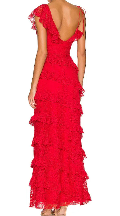 Romantic V-Neck Lace Ruffle Tiered Maxi Dress with Open Back