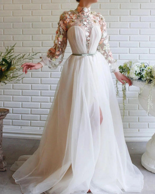 Romantic Vintage High Neck Floral Embroidered Sheer Sleeve A-Line Tulle Maxi Homecoming Dresses