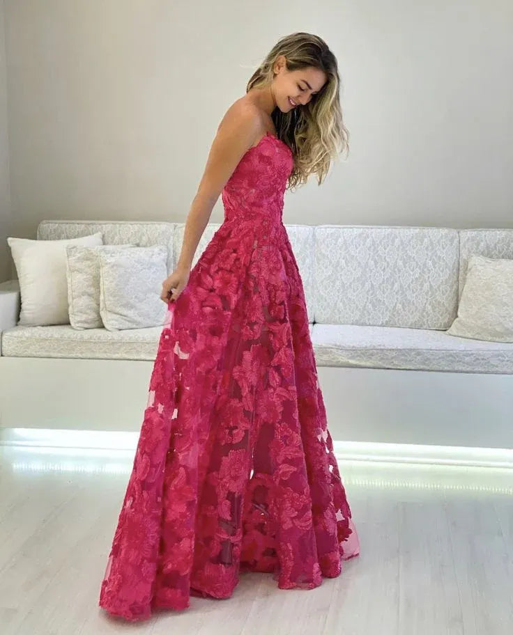 Romantic 3D Floral Tulle Floor-Length Evening Dress Fuchsia Sweetheart Sleeveless for Women