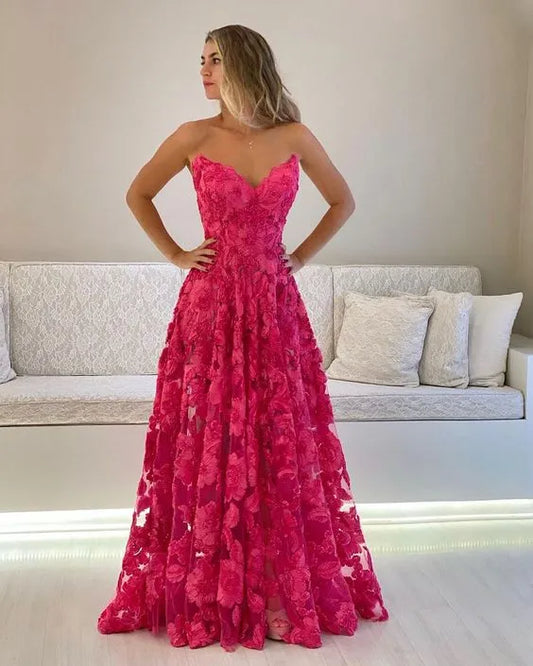 Romantic 3D Floral Tulle Floor-Length Evening Dress Fuchsia Sweetheart Sleeveless for Women