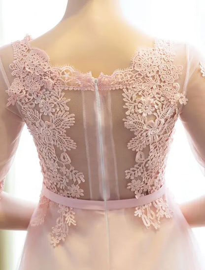 Romantic A-Line Bateau Neck Long Sleeve Lace Tulle Pink Long Prom Gown for Women