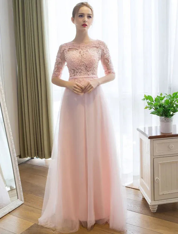 Romantic A-Line Bateau Neck Long Sleeve Lace Tulle Pink Long Prom Gown for Women