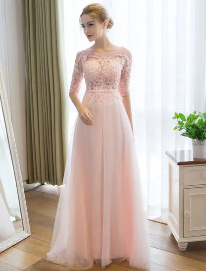 Romantic A-Line Bateau Neck Long Sleeve Lace Tulle Pink Long Prom Gown for Women