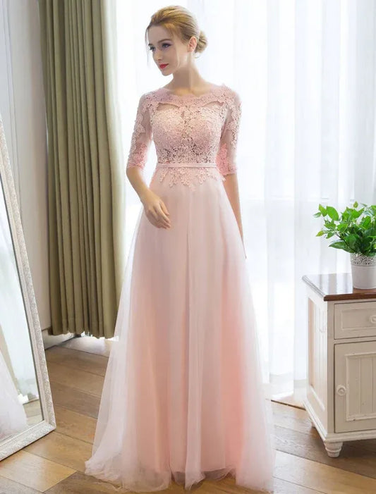 Romantic A-Line Bateau Neck Long Sleeves Lace Tulle Pink Long Prom Dress