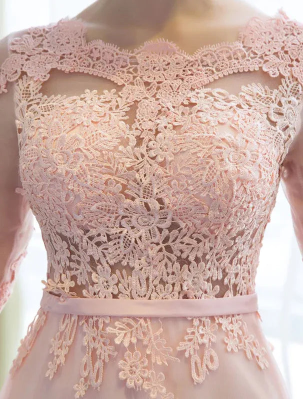 Romantic A-Line Bateau Neck Long Sleeve Lace Tulle Pink Long Prom Gown for Women