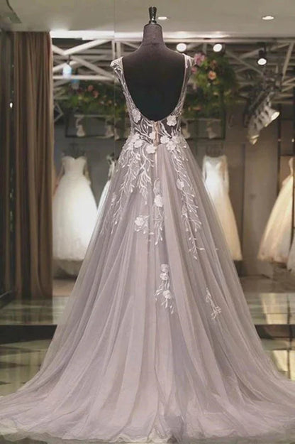 Romantic A-Line Boat Neck Cap Sleeve Lace Dusty Grey Prom Dress