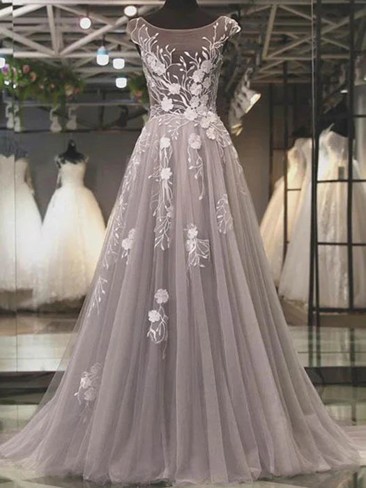 Romantic A-Line Boat Neck Cap Sleeve Lace Dusty Grey Prom Dress