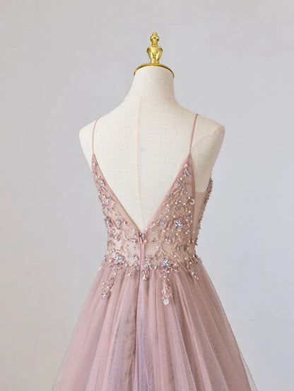 Romantic A-Line Deep V Sleeveless Beaded Tulle Blush Pink Maxi Evening Dress for Women