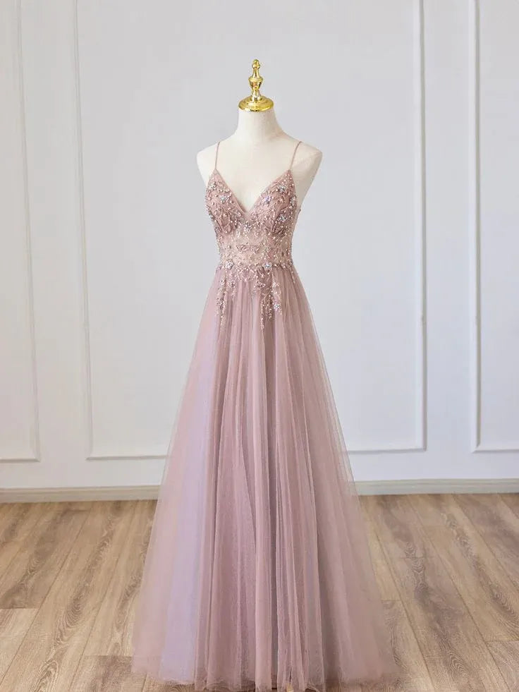 Romantic A-Line Deep V Sleeveless Beaded Tulle Blush Pink Maxi Evening Dress for Women