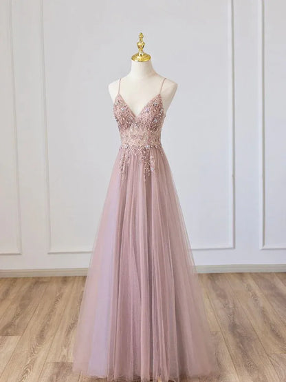 Romantic A-Line Deep V Sleeveless Beaded Tulle Blush Pink Maxi Evening Dress for Women