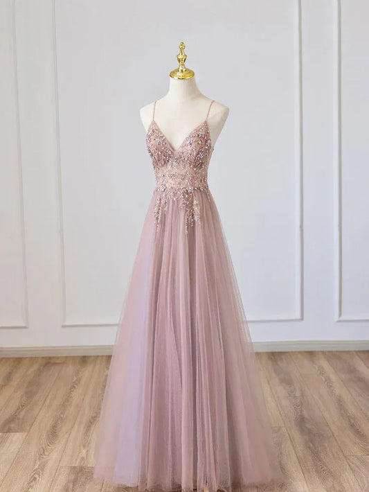 Romantic A-Line Deep V Sleeveless Beaded Tulle Blush Pink Maxi Evening Dress for Women