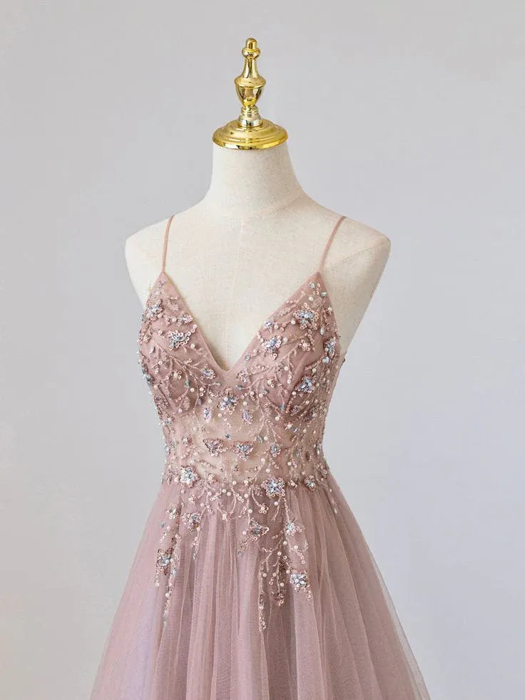 Romantic A-Line Deep V Sleeveless Beaded Tulle Blush Pink Maxi Evening Dress for Women