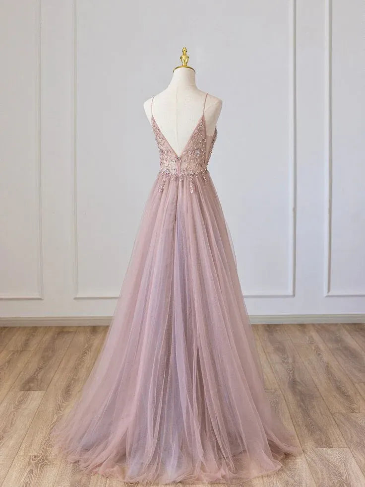 Romantic A-Line Deep V Sleeveless Beaded Tulle Blush Pink Maxi Evening Dress for Women