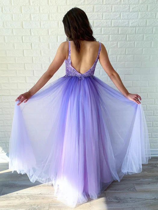 Romantic A-Line Deep V Spaghetti Strap Beaded Lavender Floor-Length Prom Dress