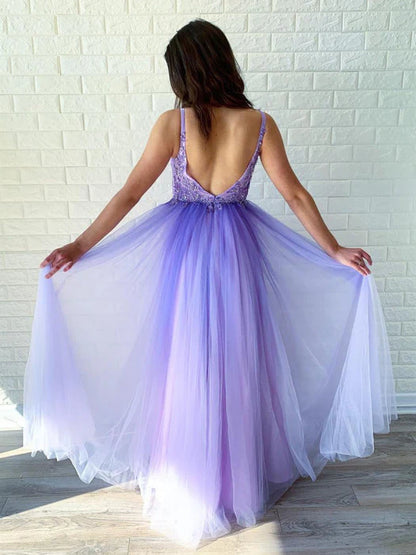 Romantic A-Line Deep V Spaghetti Strap Beaded Lavender Floor-Length Prom Dress