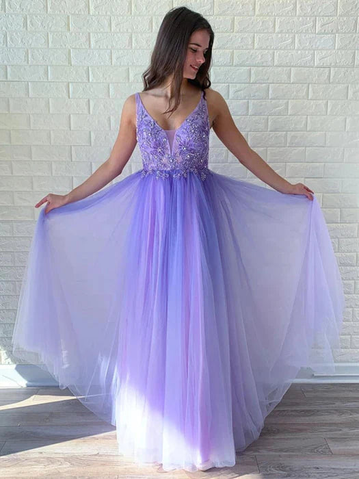 Romantic A-Line Deep V Spaghetti Strap Beaded Lavender Floor-Length Prom Dress