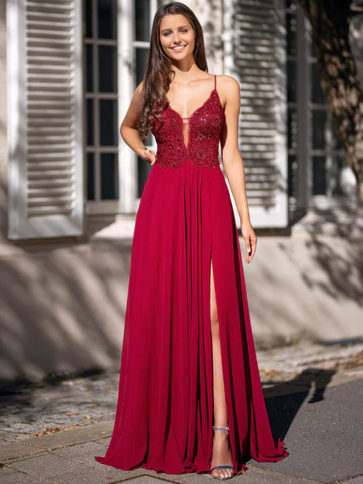 Romantic A-Line Deep V Spaghetti Strap Lace Burgundy Prom Dress