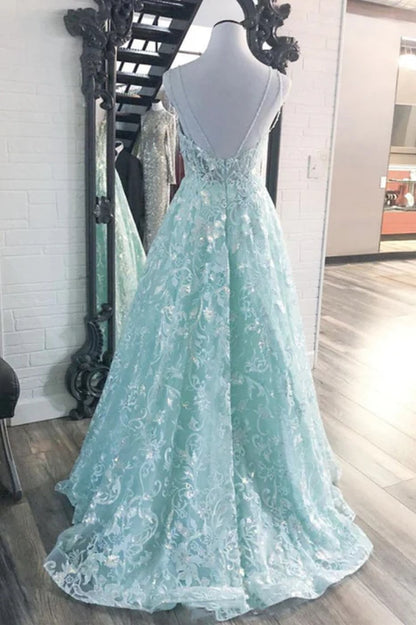 Romantic A-Line Deep V Spaghetti Strap Lace Mint Green Prom Dress