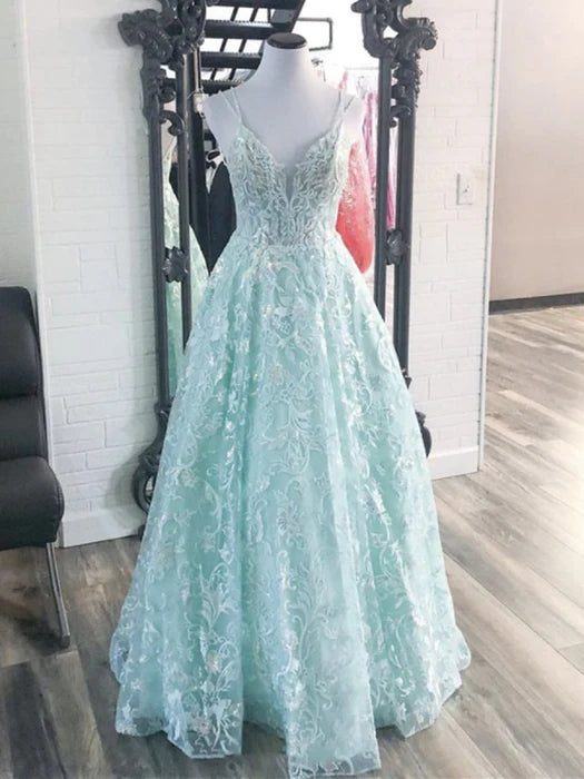Romantic A-Line Deep V Spaghetti Strap Lace Mint Green Prom Dress