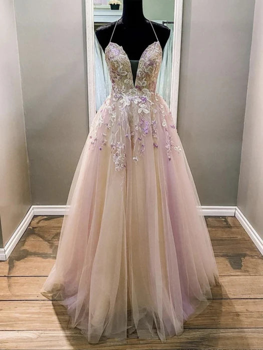 Romantic A-Line Deep V Spaghetti Strap Lace Ombre Pink Prom Dress