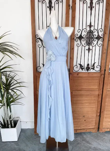 Romantic A-Line Halter Sleeveless Ruffled Sky Blue Maxi Prom Dress for Women Hot Sale