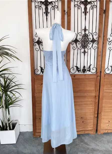 Romantic A-Line Halter Sleeveless Ruffled Sky Blue Maxi Prom Dress for Women Hot Sale