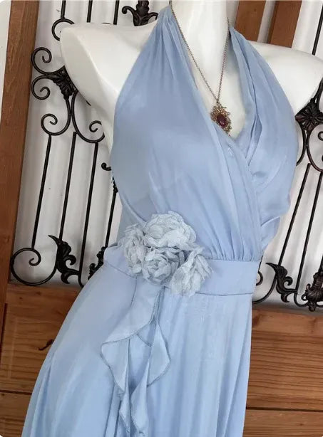 Romantic A-Line Halter Sleeveless Ruffled Sky Blue Maxi Prom Dress for Women Hot Sale