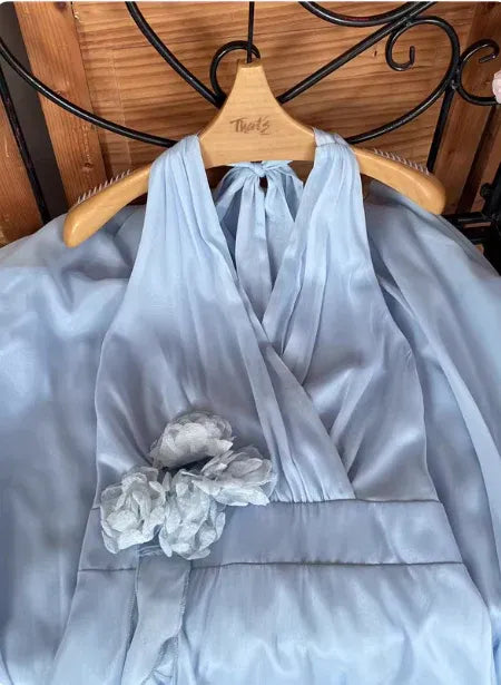 Romantic A-Line Halter Sleeveless Ruffled Sky Blue Maxi Prom Dress for Women Hot Sale