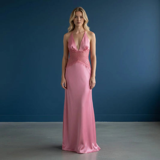 A-Line Halter V-Neck Lace-Waist Satin Pink Floor-Length Prom Dress For Female Guests