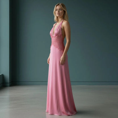 A-Line Halter V-Neck Lace-Waist Satin Pink Floor-Length Prom Dress For Female Guests