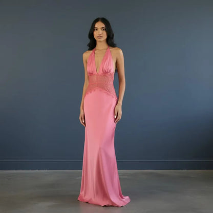 A-Line Halter V-Neck Lace-Waist Satin Pink Floor-Length Prom Dress For Female Guests