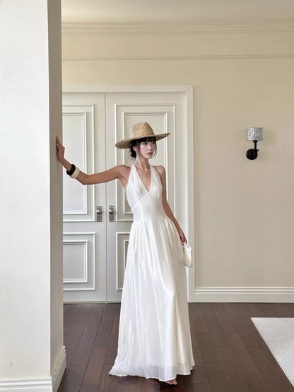 Romantic A-Line Halter V-Neck Sleeveless Satin White Maxi Prom Dress for Women ready to ship