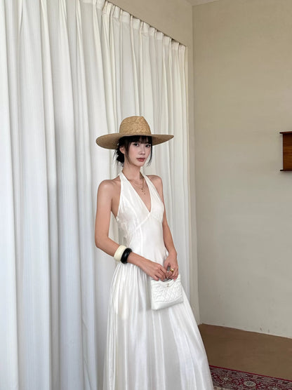 Romantic A-Line Halter V-Neck Sleeveless Satin White Maxi Prom Dress for Women ready to ship