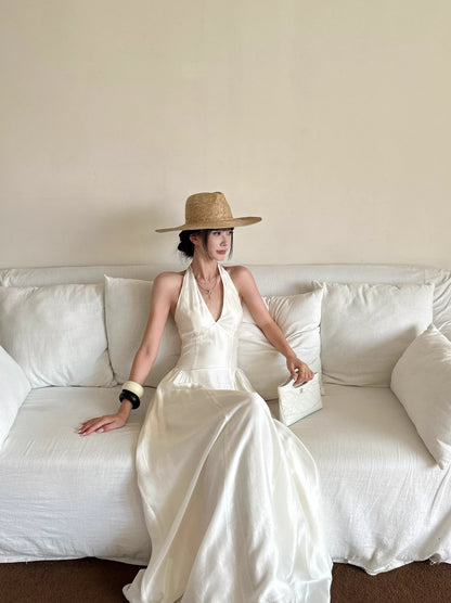 Romantic A-Line Halter V-Neck Sleeveless Satin White Maxi Prom Dress for Women ready to ship