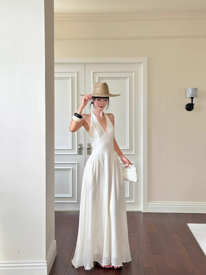 Romantic A-Line Halter V-Neck Sleeveless Satin White Maxi Prom Dress for Women ready to ship