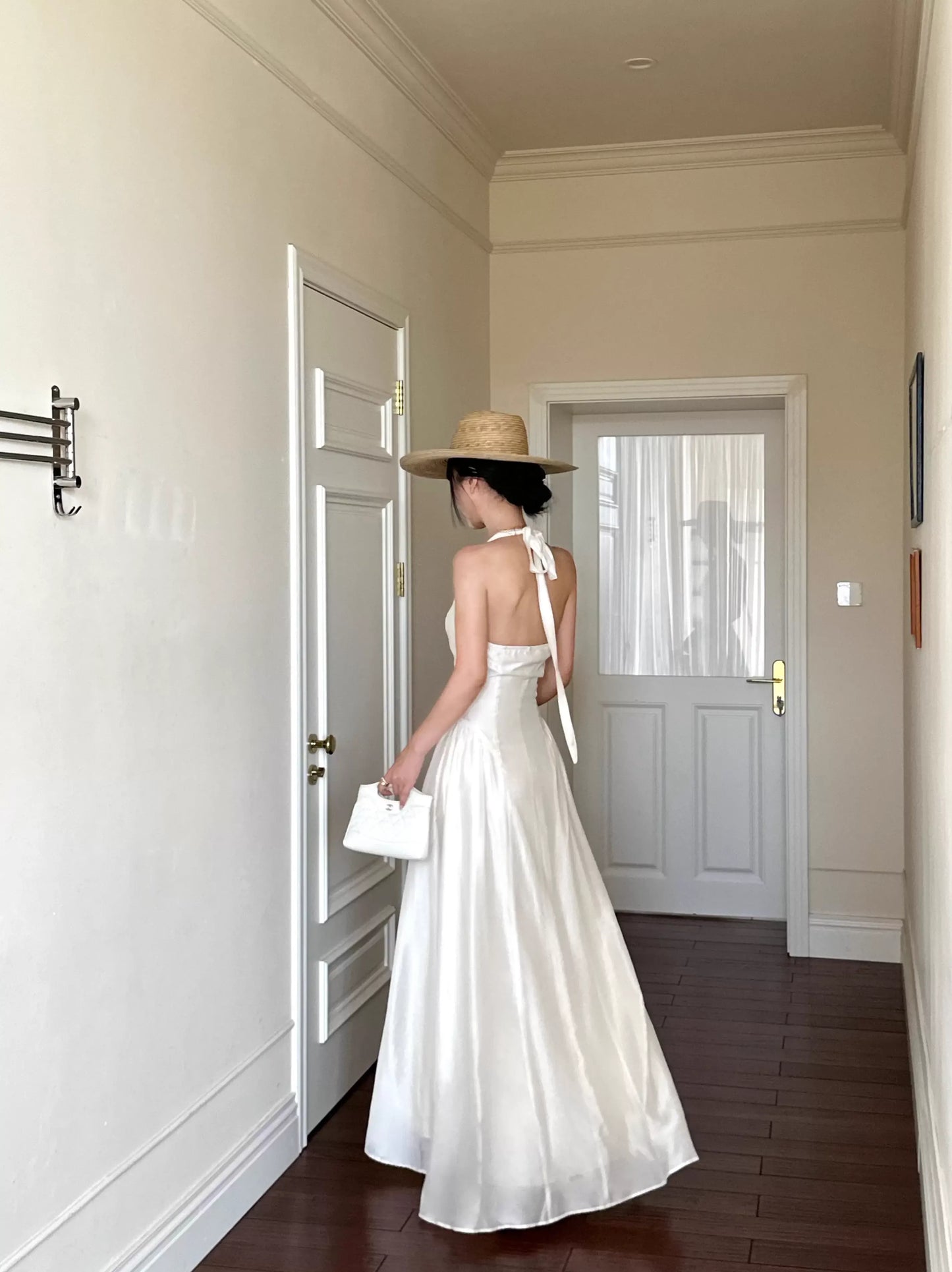 Romantic A-Line Halter V-Neck Sleeveless Satin White Maxi Prom Dress for Women ready to ship