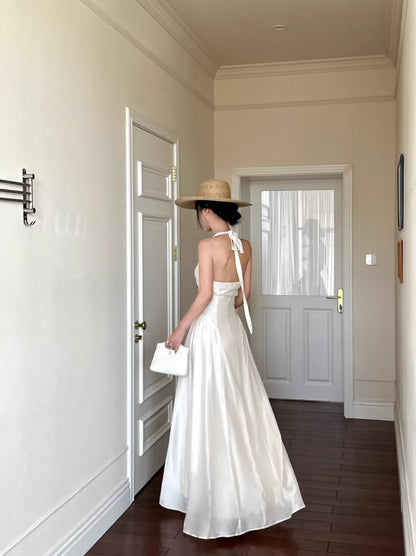 Romantic A-Line Halter V-Neck Sleeveless Satin White Maxi Prom Dress for Women ready to ship