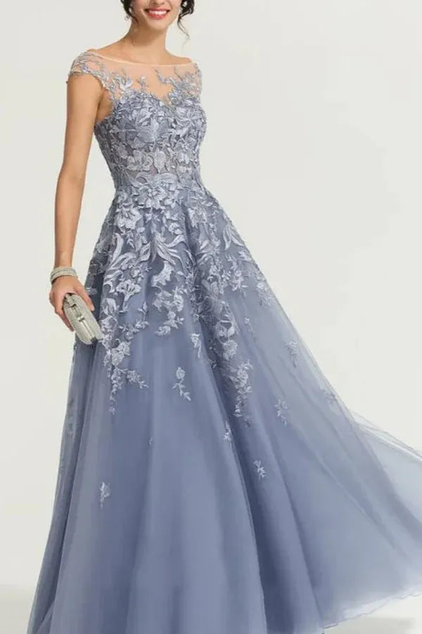 Elegant A-Line Illusion Neck Cap Sleeve Applique Lace Dusty Blue Floor-Length Prom Dress for Women