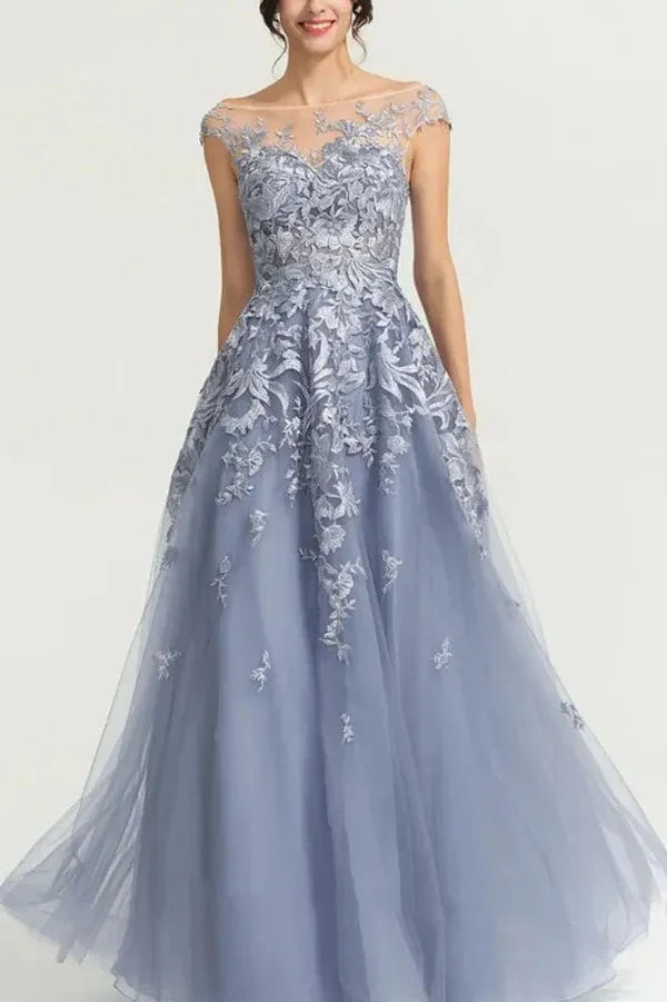 Elegant A-Line Illusion Neck Cap Sleeve Applique Lace Dusty Blue Floor-Length Prom Dress for Women