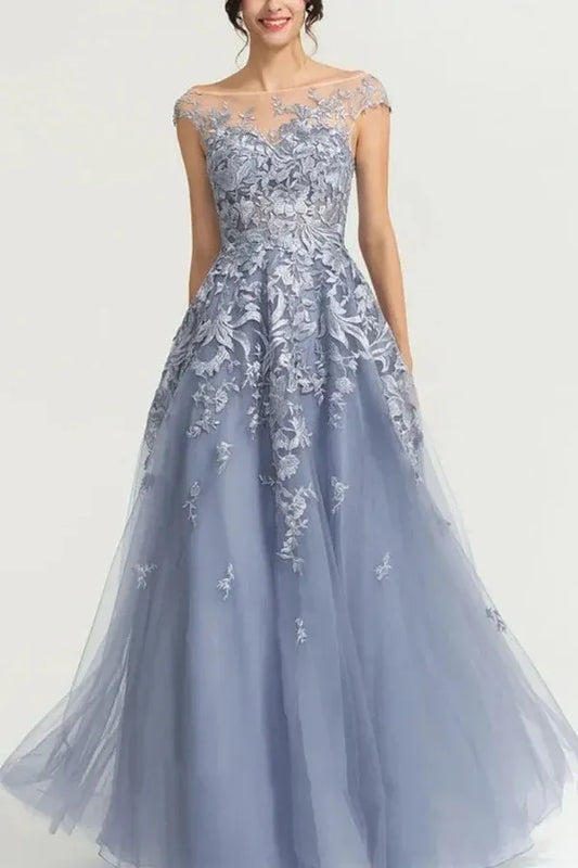Romantic A-Line Illusion Neck Cap Sleeve Applique Lace Dusty Blue Floor-Length Prom Dress