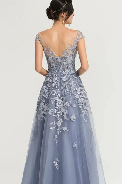 Elegant A-Line Illusion Neck Cap Sleeve Applique Lace Dusty Blue Floor-Length Prom Dress for Women