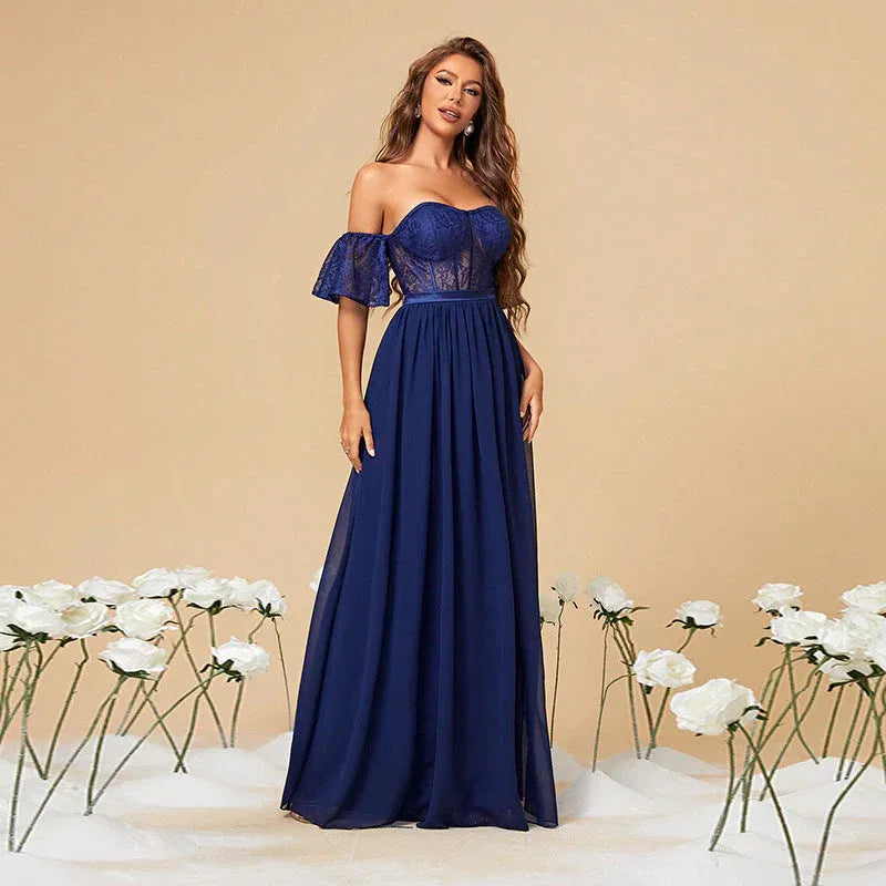 Romantic A-Line Off-Shoulder Corset Lace Chiffon Navy Blue Floor-Length Prom Dress