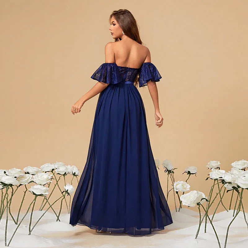 Romantic A-Line Off-Shoulder Corset Lace Chiffon Navy Blue Floor-Length Prom Dress
