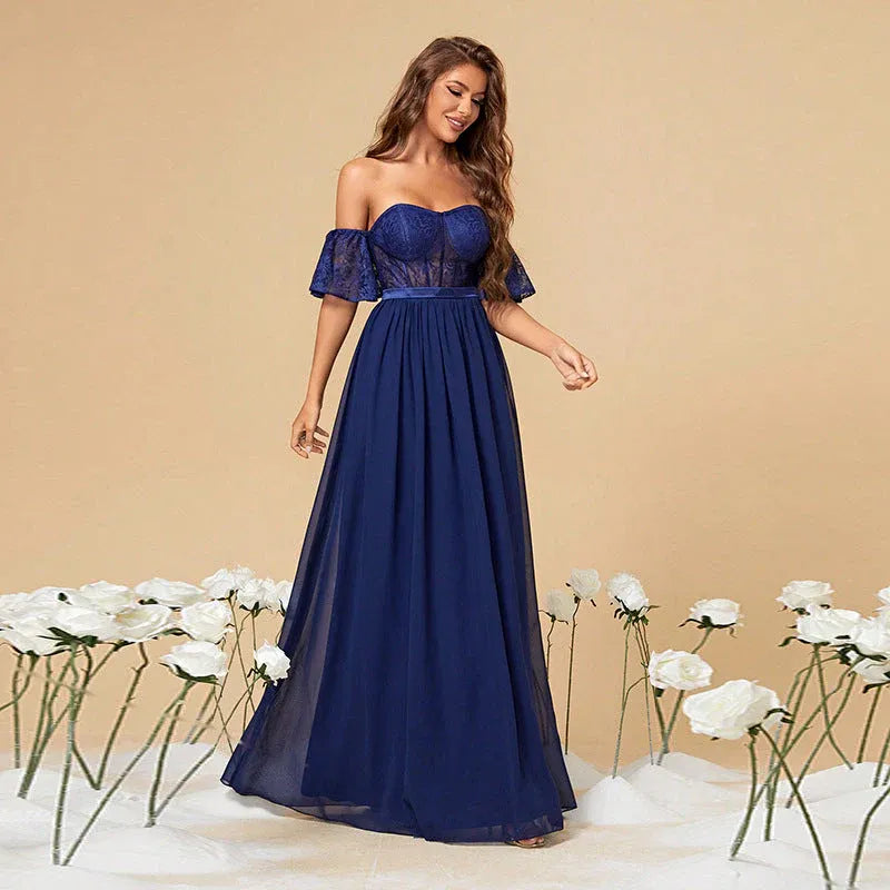 Romantic A-Line Off-Shoulder Corset Lace Chiffon Navy Blue Floor-Length Prom Dress