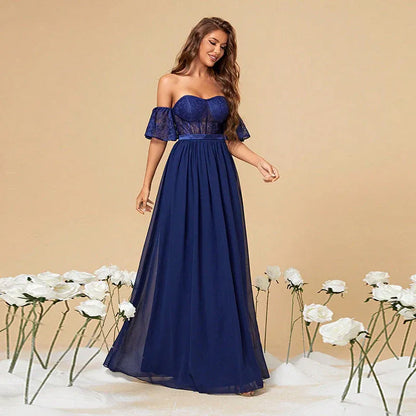 Romantic A-Line Off-Shoulder Corset Lace Chiffon Navy Blue Floor-Length Prom Dress