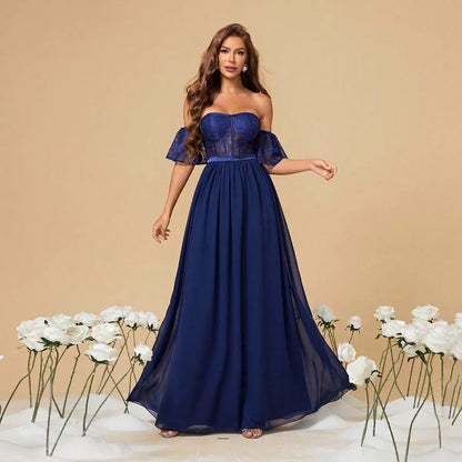 Romantic A-Line Off-Shoulder Corset Lace Chiffon Navy Blue Floor-Length Prom Dress