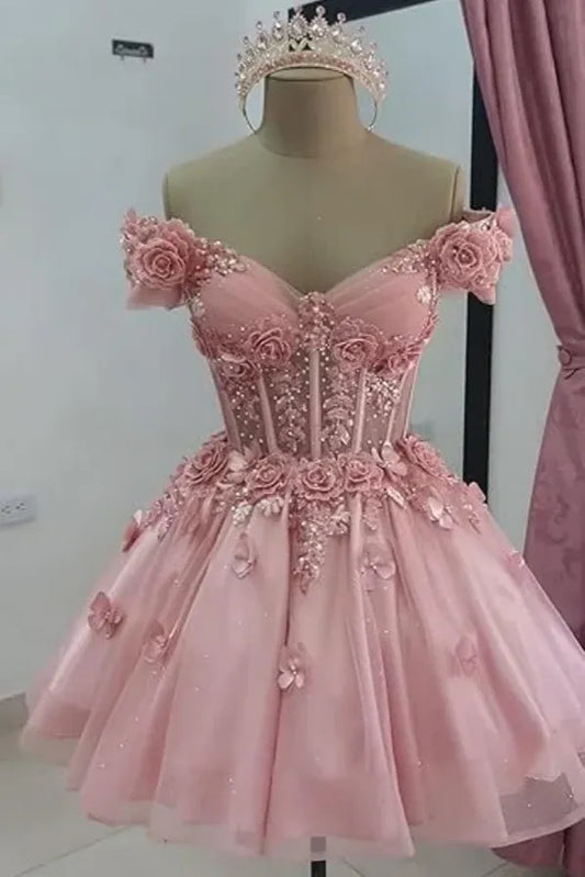 Romantic A-Line Off-Shoulder Corset Pink Short Homecoming Dress With Applique