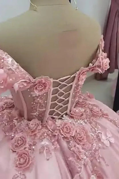 Elegant A-Line Off-Shoulder Floral Applique Corset Pink Short Homecoming Dress for Teens